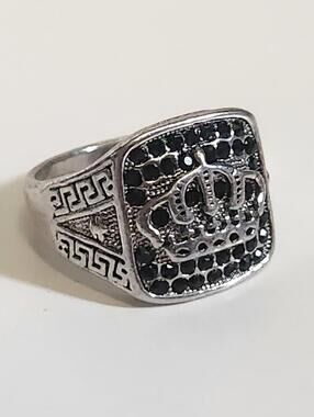 Silver Tone Men's Crown Ring with Black Stones Size 13